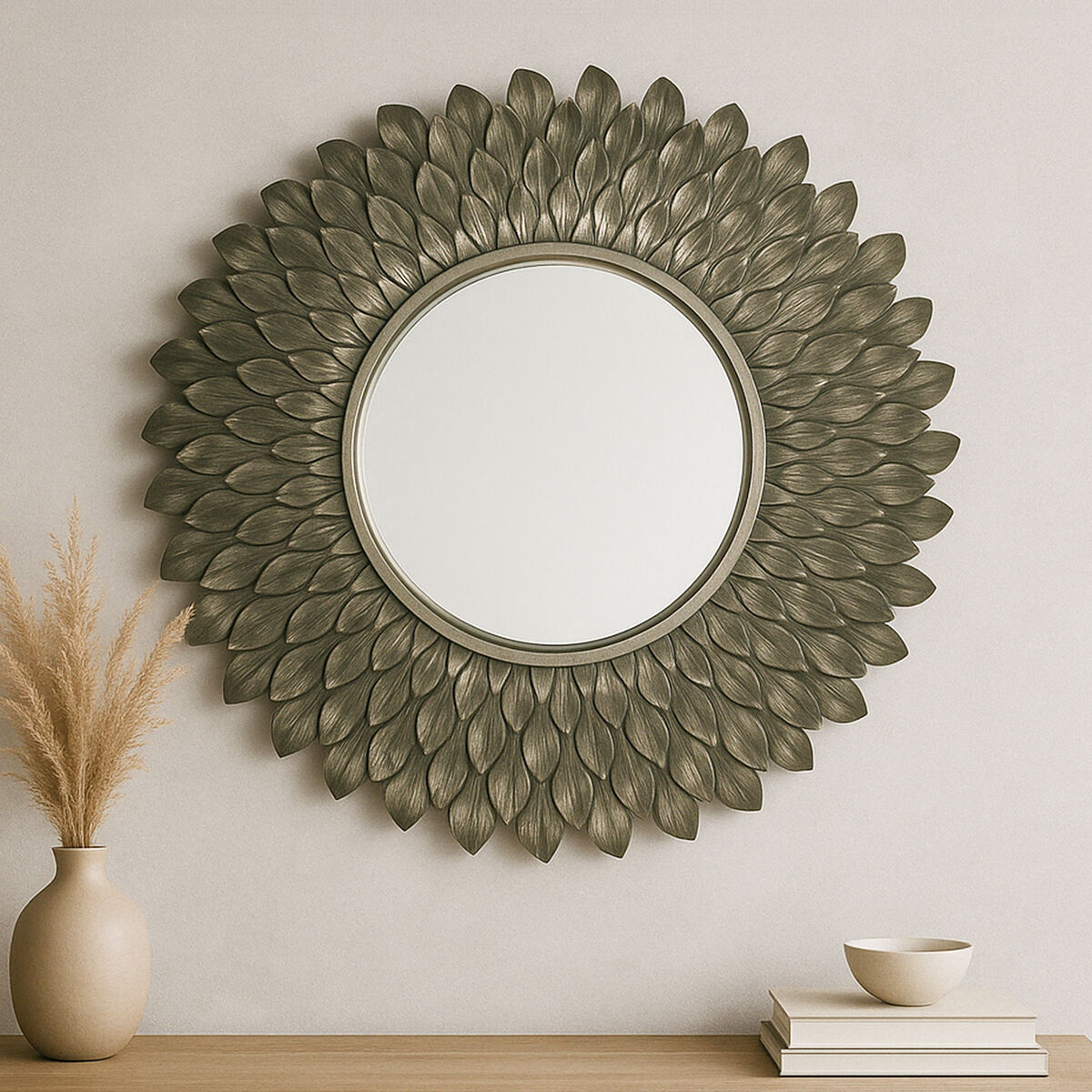 Orsina Tribeca Round Wall Mirror – Distressed Grey Iron Leaf Design