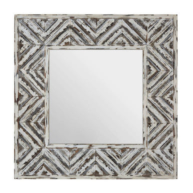 Orsina Lombok Square Wall Mirror – Distressed White Geometric Wood