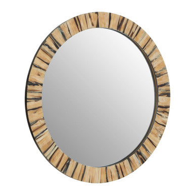 Orsina Rova Round Wall Mirror – Modern Black and Gold Wood Grain Accent