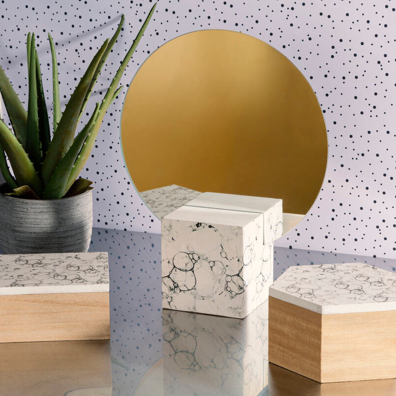 Orsina Mimo Round Vanity Mirror – Faux Marble Base Tabletop Decor