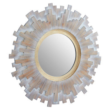 Orsina Sunburst Wooden Wall Mirror – Multilevel Grey Sculptural Decor