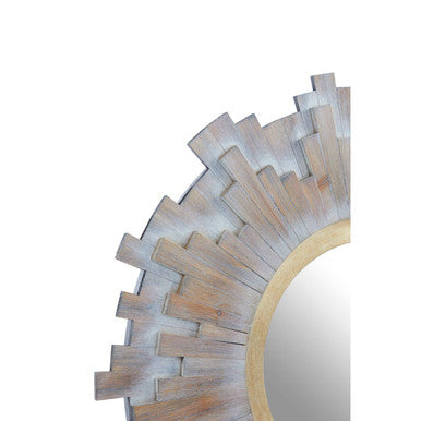 Orsina Sunburst Wooden Wall Mirror – Multilevel Grey Sculptural Decor