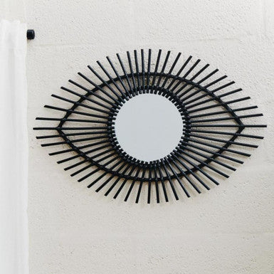 Orsina Mataram Eye-Shaped Wall Mirror – Black Natural Rattan Decor