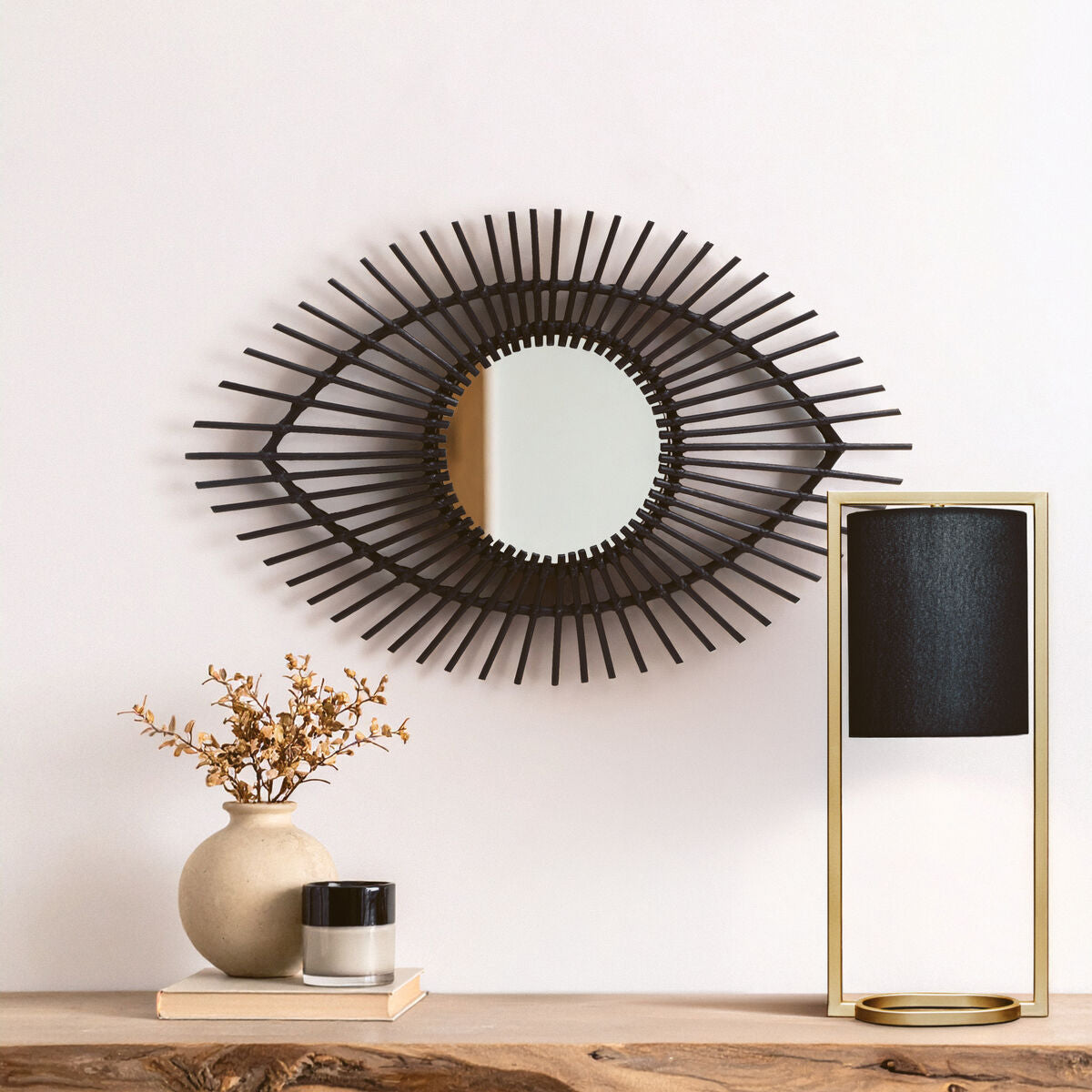 Orsina Mataram Eye-Shaped Wall Mirror – Black Natural Rattan Decor