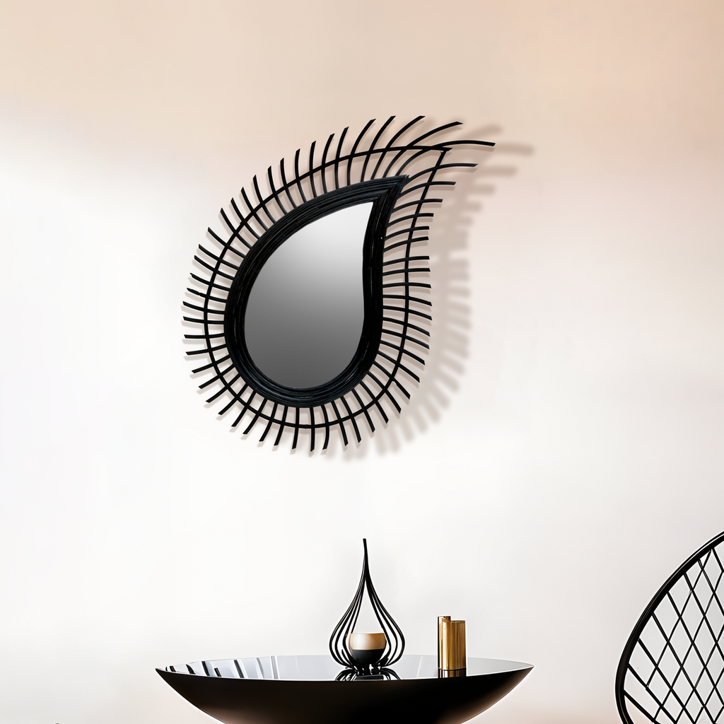 Orsina Mataram Teardrop Rattan Wall Mirror – Black & Natural Boho