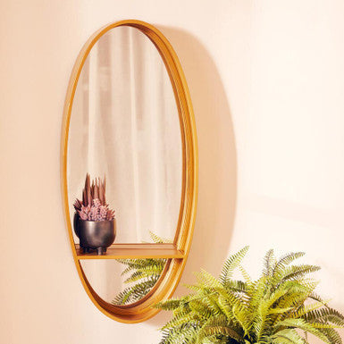 Orsina Avento Gold Oval Wall Mirror with Shelf – Modern Vanity Decor