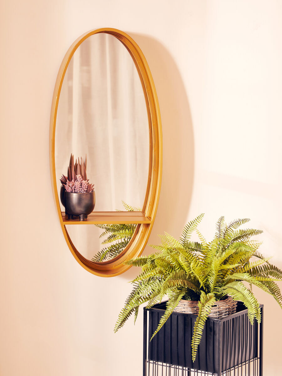 Orsina Avento Gold Oval Wall Mirror with Shelf – Modern Vanity Decor