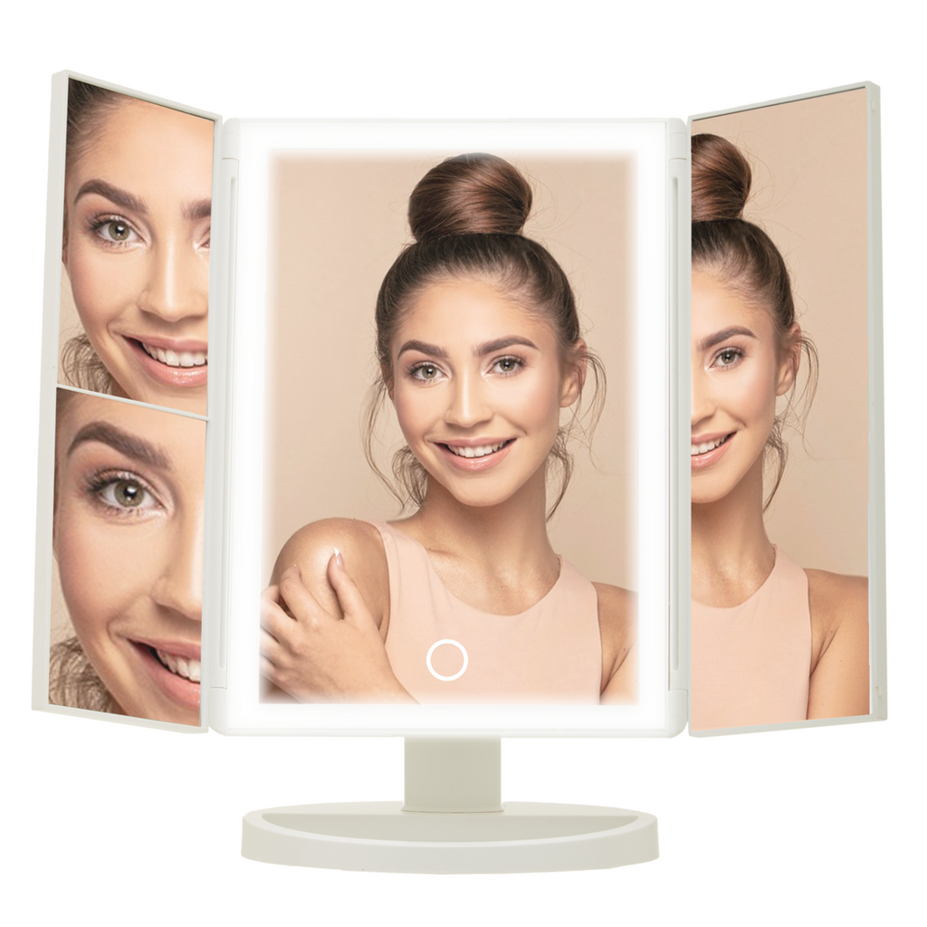 Orsina Cassini Tri-Fold LED Makeup Mirror – White Tabletop Vanity