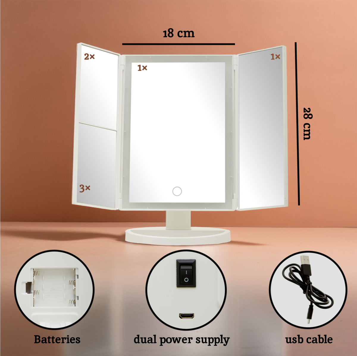 Orsina Cassini Tri-Fold LED Makeup Mirror – White Tabletop Vanity