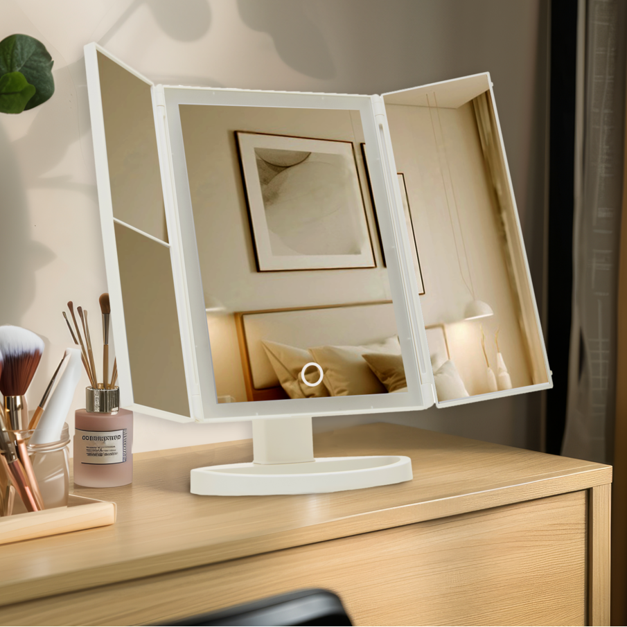 Orsina Cassini Tri-Fold LED Makeup Mirror – White Tabletop Vanity