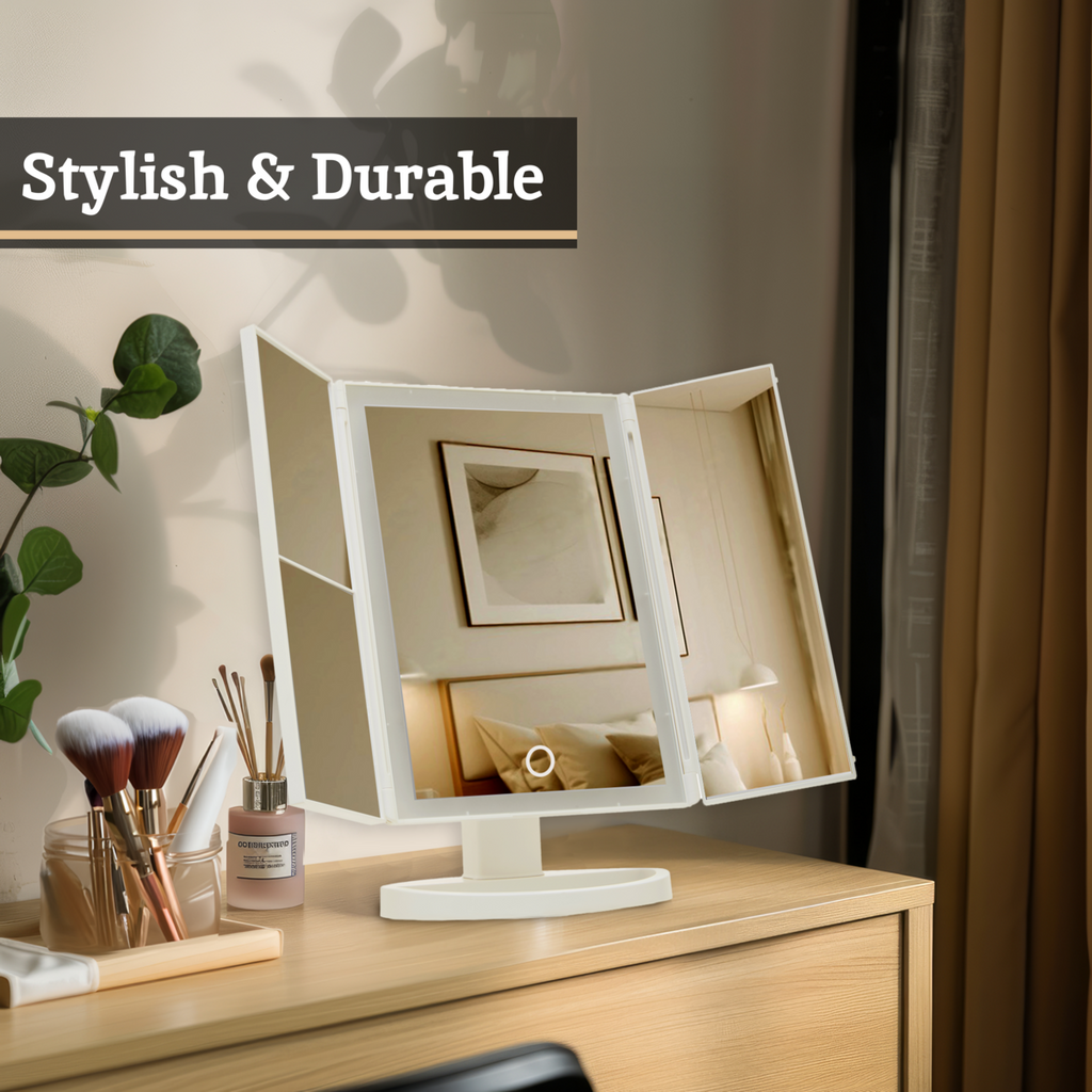 Orsina Cassini Tri-Fold LED Makeup Mirror – White Tabletop Vanity