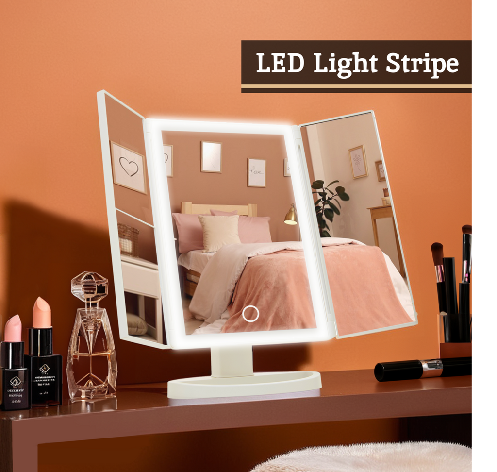 Orsina Cassini Tri-Fold LED Makeup Mirror – White Tabletop Vanity