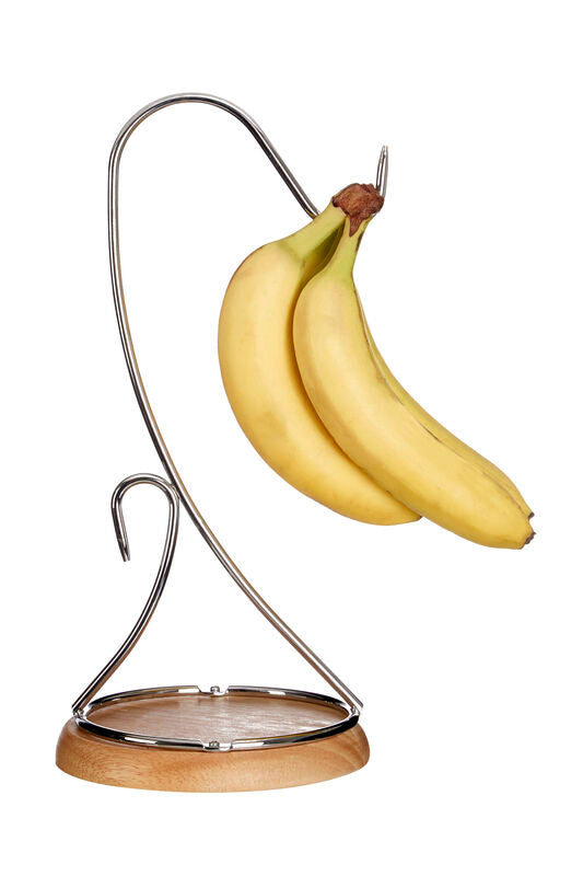 Orsina Soka Banana Hanger – Chrome Fruit Stand with Wood Base