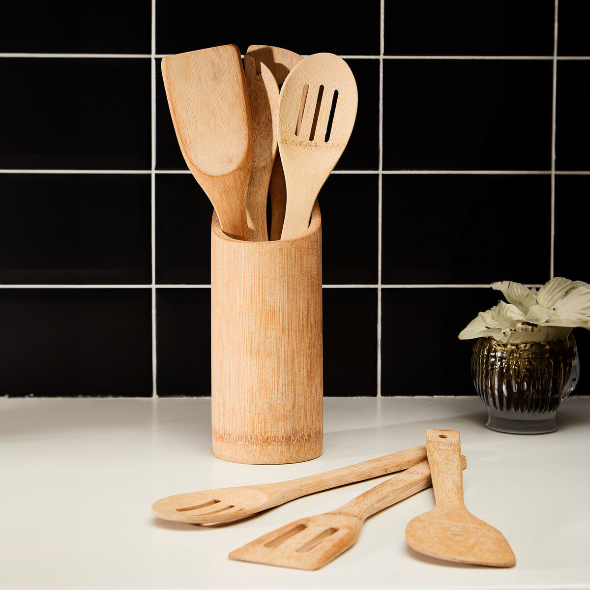 Orsina 6-Piece Bamboo Kitchen Tool Set with Holder | Nonstick Safe