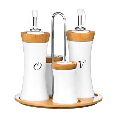 Orsina Dela 4pc Bamboo and Ceramic Condiment Set with Serving Tray