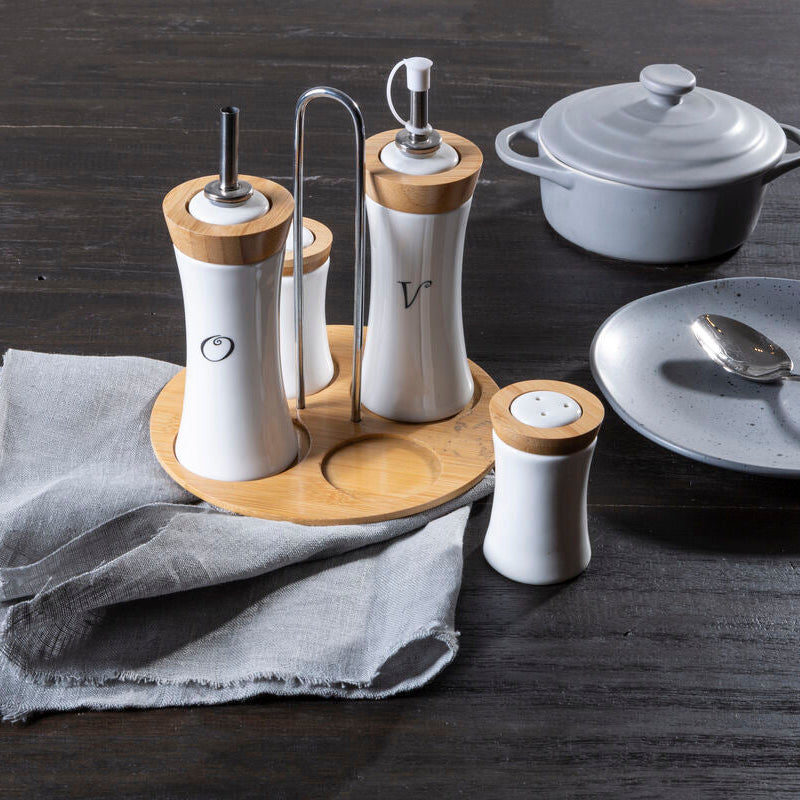 Orsina Dela 4pc Bamboo and Ceramic Condiment Set with Serving Tray