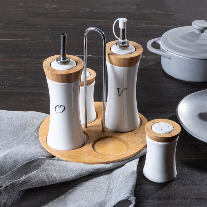 Orsina Dela 4pc Bamboo and Ceramic Condiment Set with Serving Tray