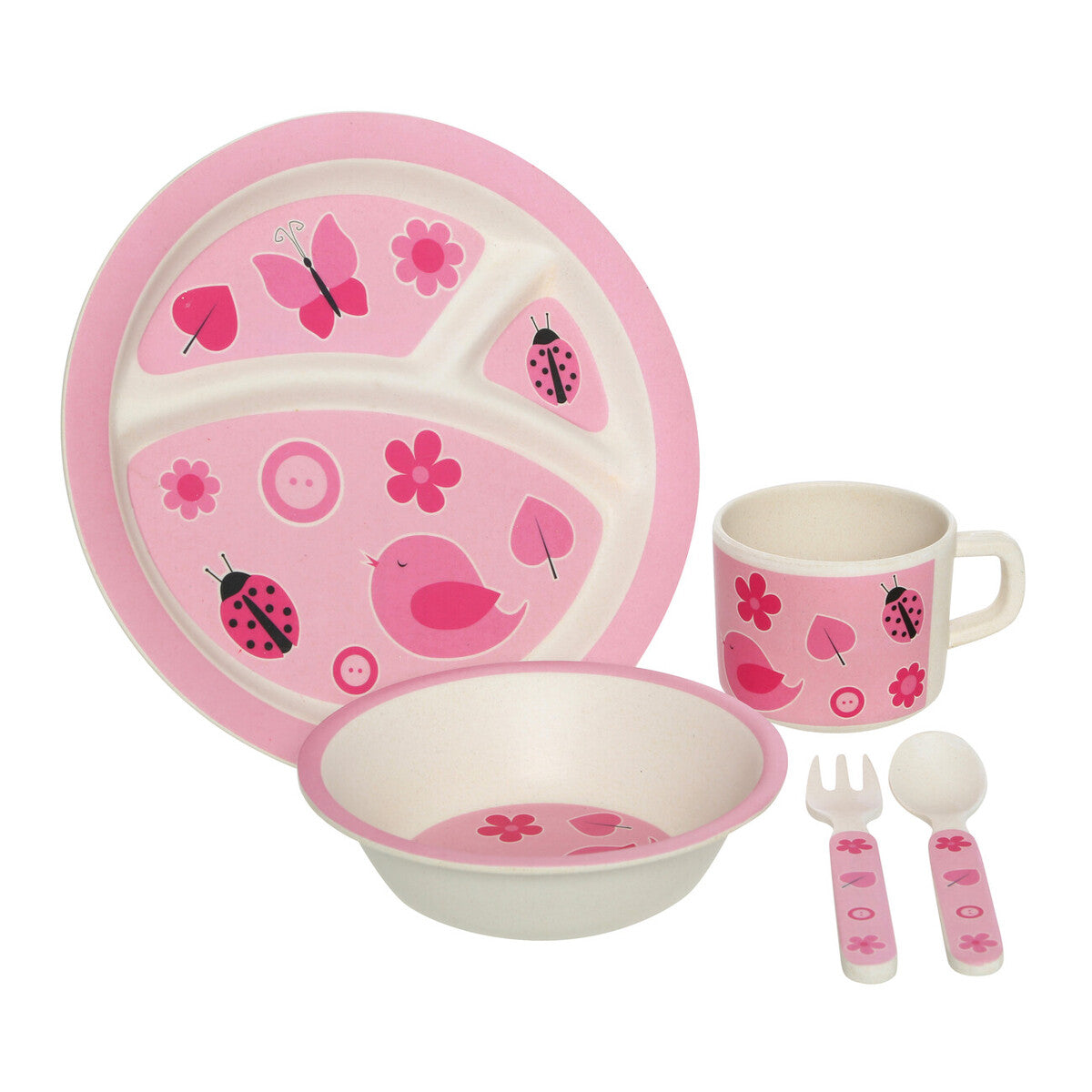 Orsina Eden Kids 5 Piece Pink Bamboo Dinner Set | Bird & Flower Design