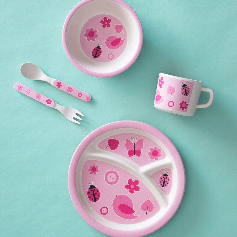 Orsina Eden Kids 5 Piece Pink Bamboo Dinner Set | Bird & Flower Design