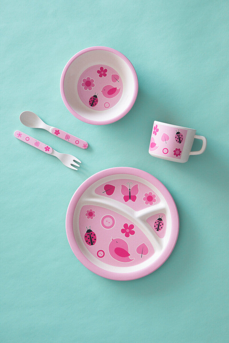 Orsina Eden Kids 5 Piece Pink Bamboo Dinner Set | Bird & Flower Design