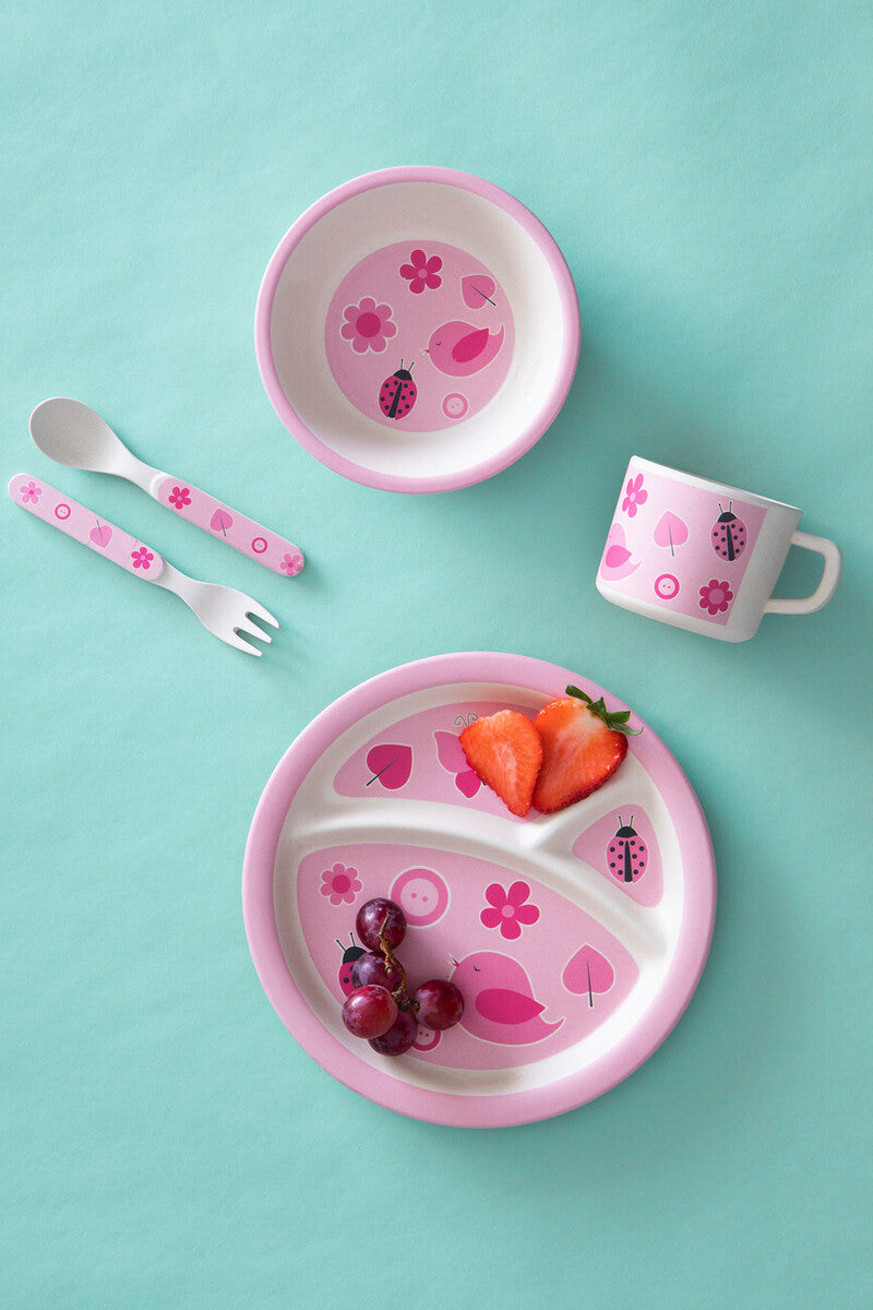 Orsina Eden Kids 5 Piece Pink Bamboo Dinner Set | Bird & Flower Design