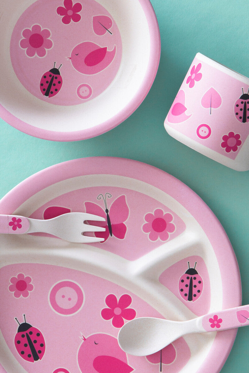 Orsina Eden Kids 5 Piece Pink Bamboo Dinner Set | Bird & Flower Design