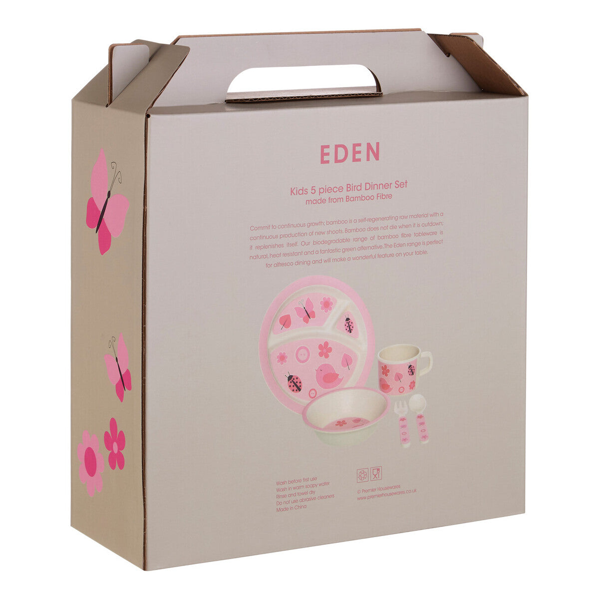 Orsina Eden Kids 5 Piece Pink Bamboo Dinner Set | Bird & Flower Design