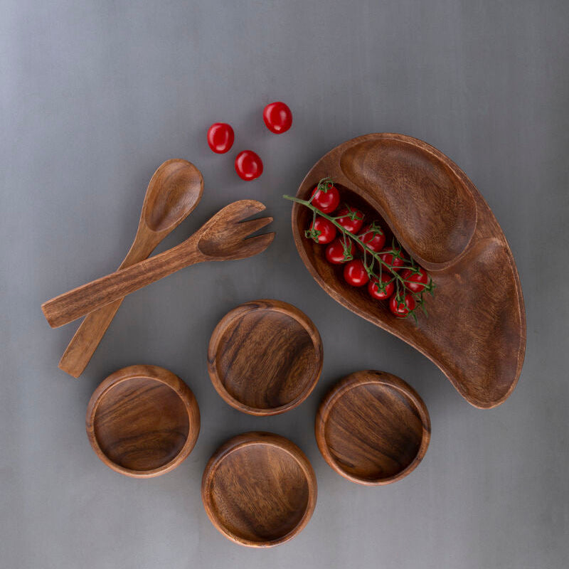 Orsina Acacia Wood Divided Serving Dish – Two Section Bean Shaped Tray