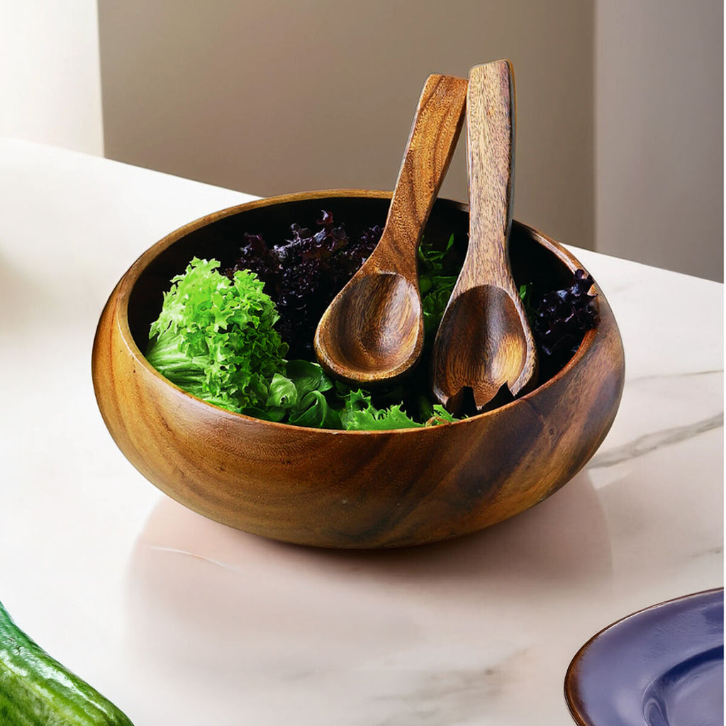 Orsina Kora Large Round Acacia Wood Salad Bowl – Hand-Carved 12"