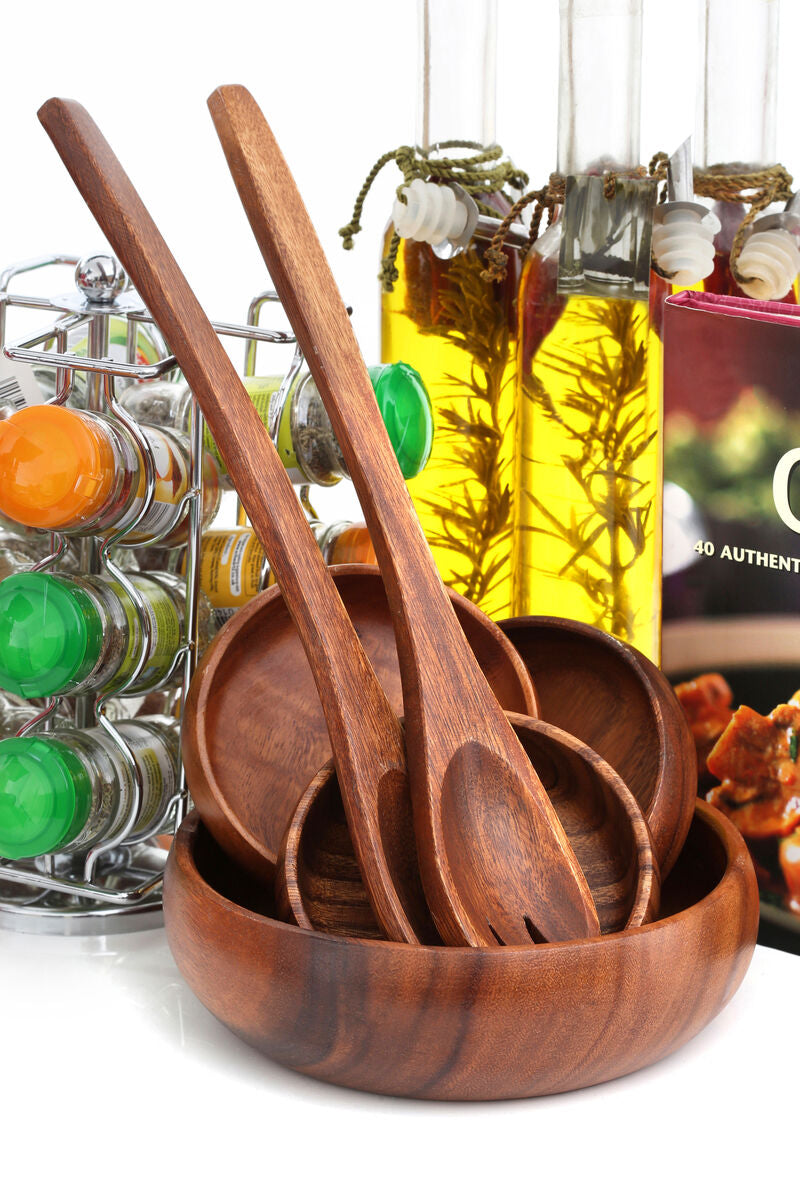 Orsina Kora Acacia 7 Piece Salad Serving Set – Modern Wood Tableware