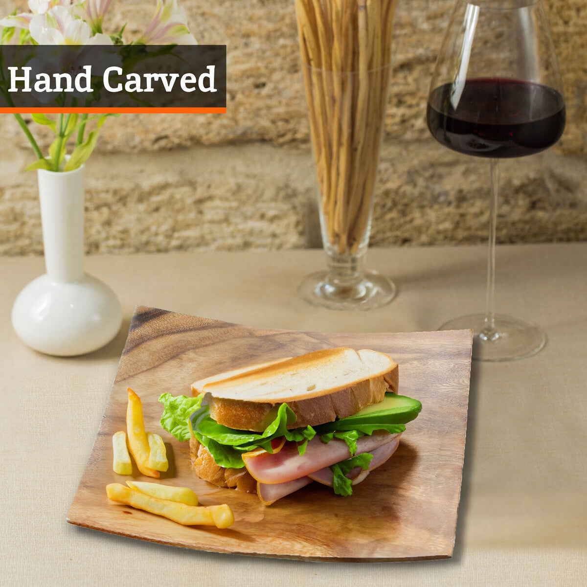 Orsina Kora Acacia Square Serving Platter – Hand-Carved Brown Wood