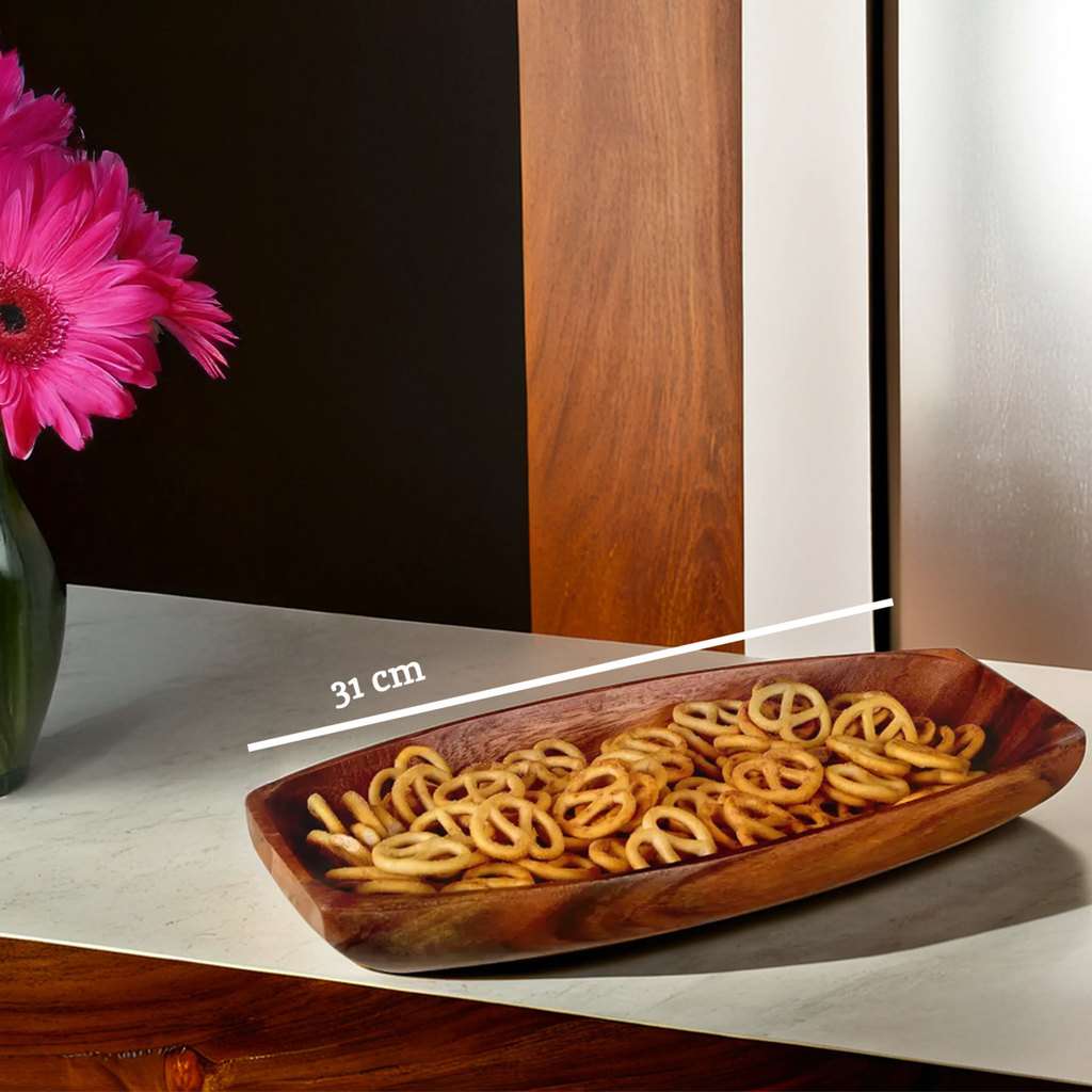Orsina Kora Small Oblong Acacia Wood Serving Platter - Hand-Carved