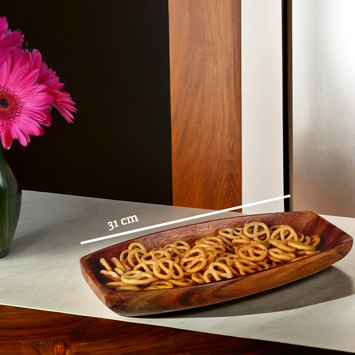 Orsina Kora Small Oblong Acacia Wood Serving Platter - Hand-Carved