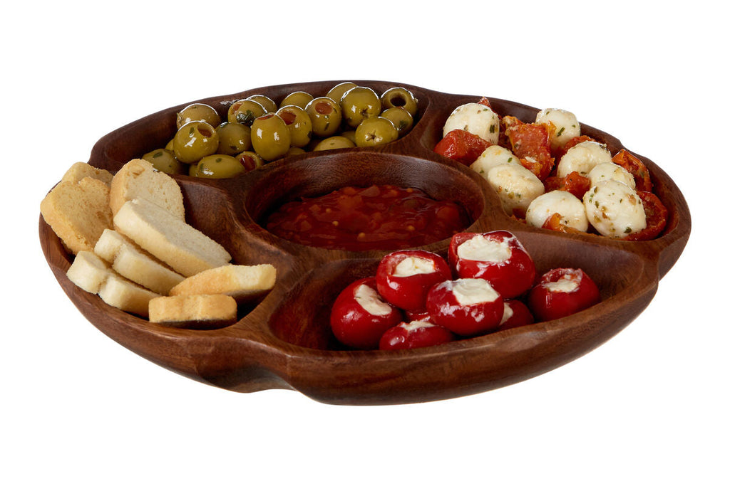 Orsina Kora Acacia Wood 5-Section Round Serving Dish & Dip Platter