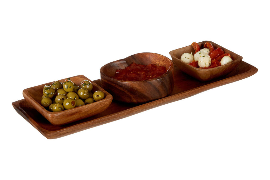 Orsina Acacia Wood 3 Piece Serving Dish Set with Tray | Dip Bowls