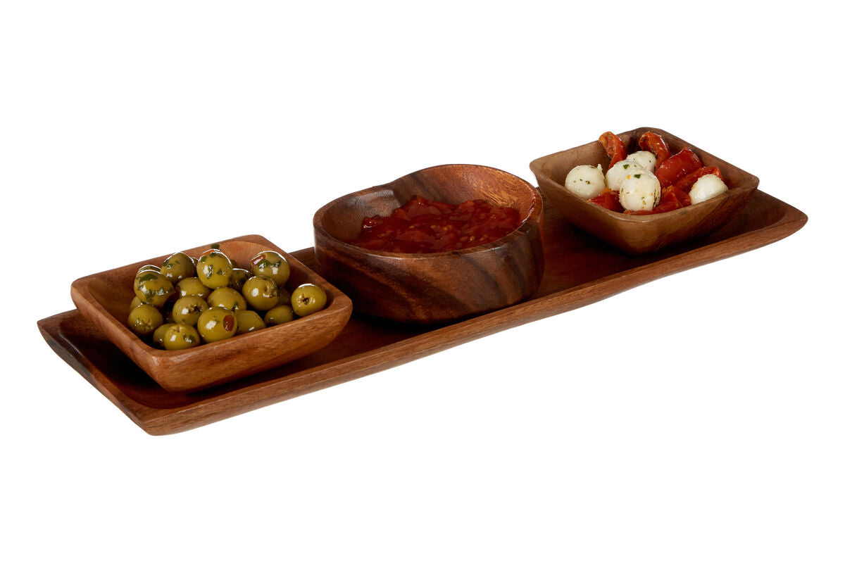 Orsina Acacia Wood 3 Piece Serving Dish Set with Tray | Dip Bowls