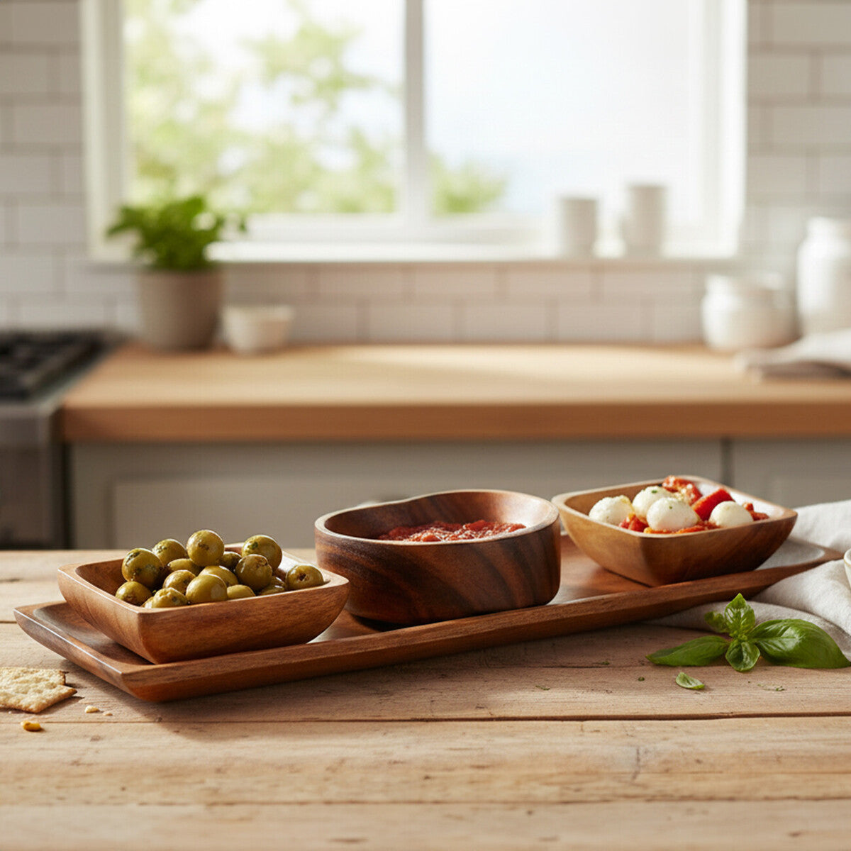 Orsina Acacia Wood 3 Piece Serving Dish Set with Tray | Dip Bowls