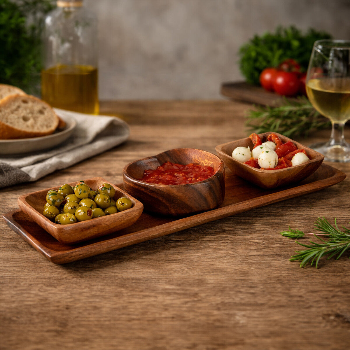 Orsina Acacia Wood 3 Piece Serving Dish Set with Tray | Dip Bowls