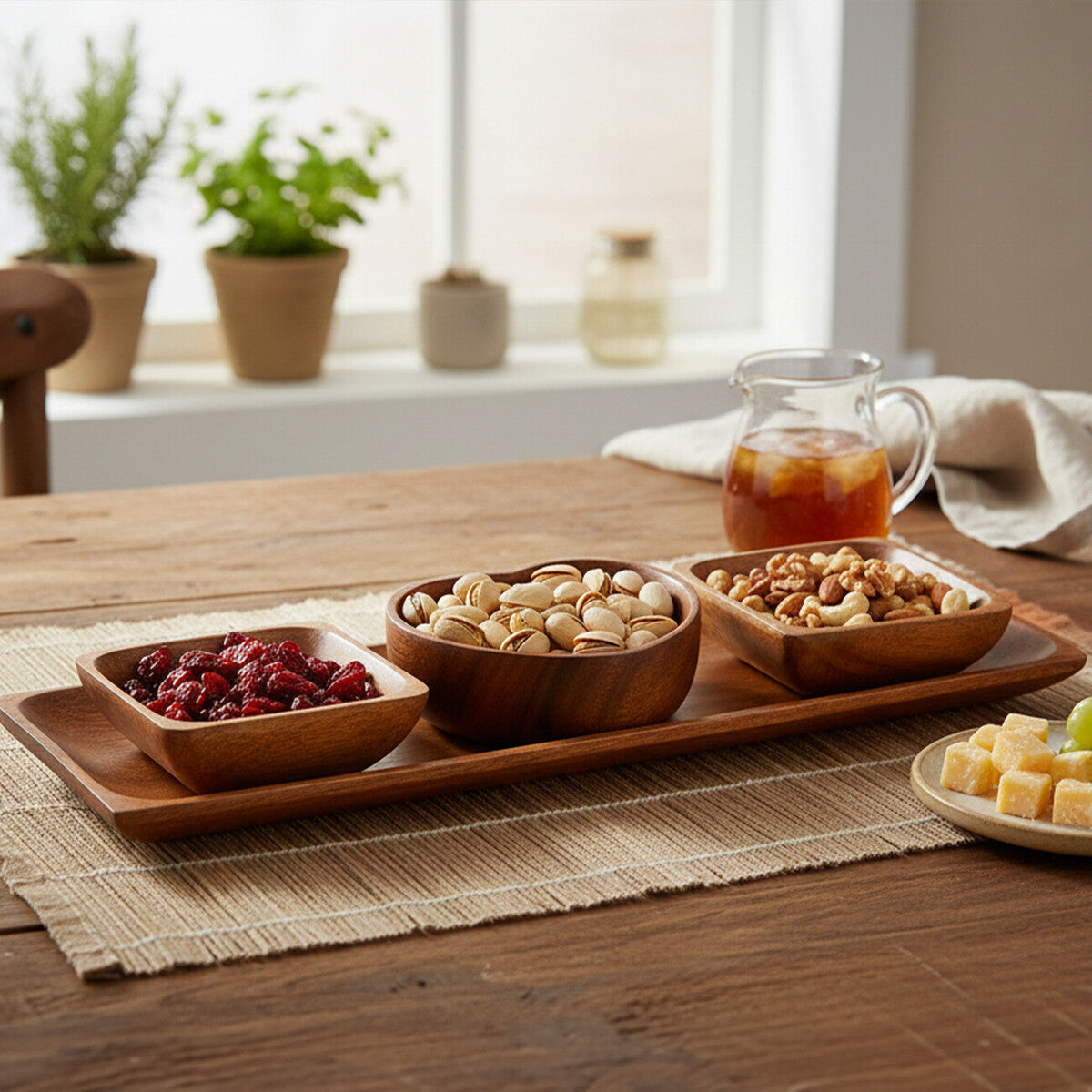 Orsina Acacia Wood 3 Piece Serving Dish Set with Tray | Dip Bowls