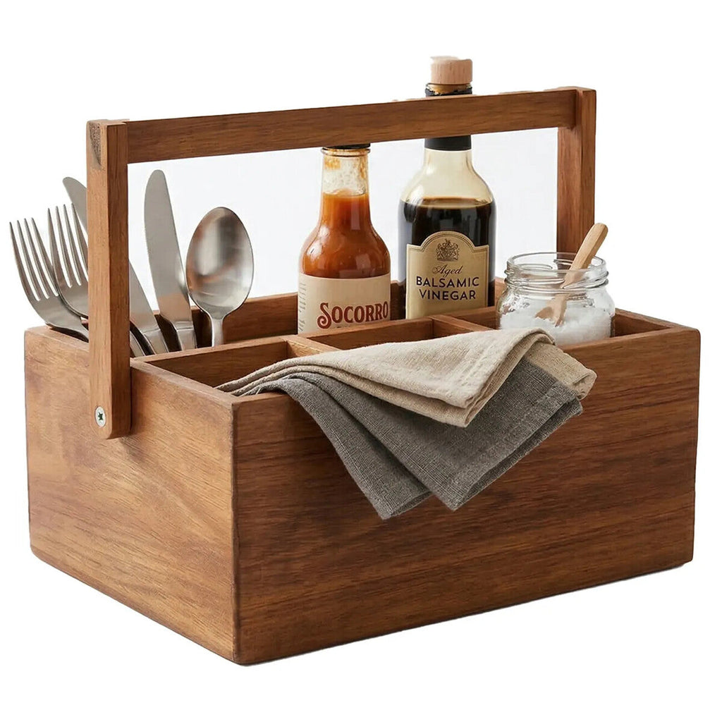 Orsina Socorro Acacia Wood Cutlery Caddy – 4-Compartment Organizer