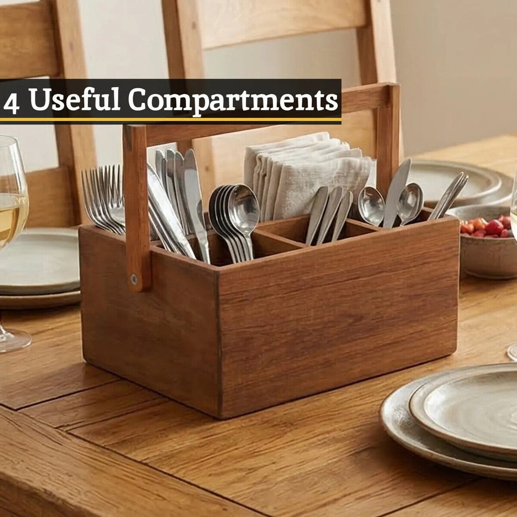Orsina Socorro Acacia Wood Cutlery Caddy – 4-Compartment Organizer