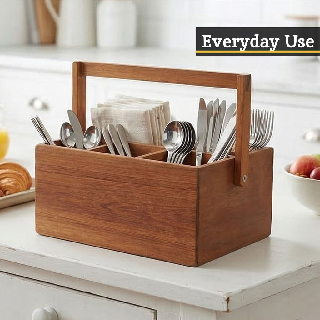 Orsina Socorro Acacia Wood Cutlery Caddy – 4-Compartment Organizer