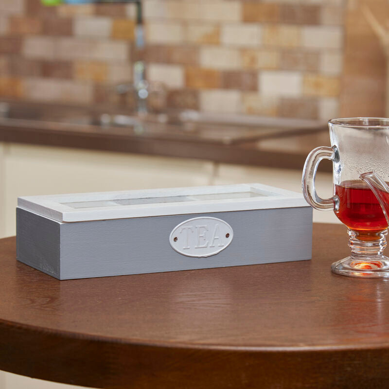 Orsina Tahara 3 Compartment Tea Storage Box | Grey Wood & Glass Lid