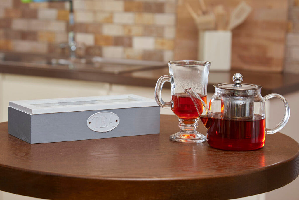 Orsina Tahara 3 Compartment Tea Storage Box | Grey Wood & Glass Lid