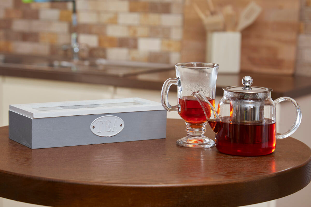 Orsina Tahara 3 Compartment Tea Storage Box | Grey Wood & Glass Lid