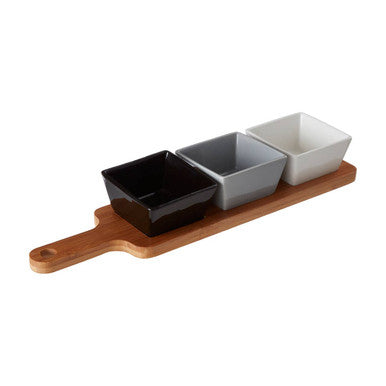 Orsina Bamboo Serving Board with 3 Square Porcelain Dishes - Light Brown