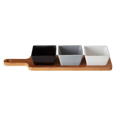 Orsina Bamboo Serving Board with 3 Square Porcelain Dishes - Light Brown