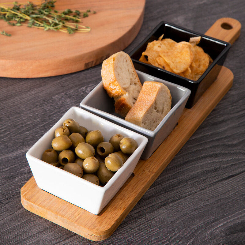 Orsina Bamboo Serving Board with 3 Square Porcelain Dishes - Light Brown