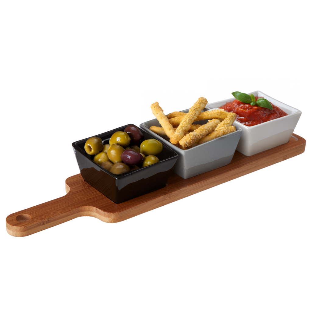 Orsina Bamboo Serving Board with 3 Square Porcelain Dishes - Light Brown