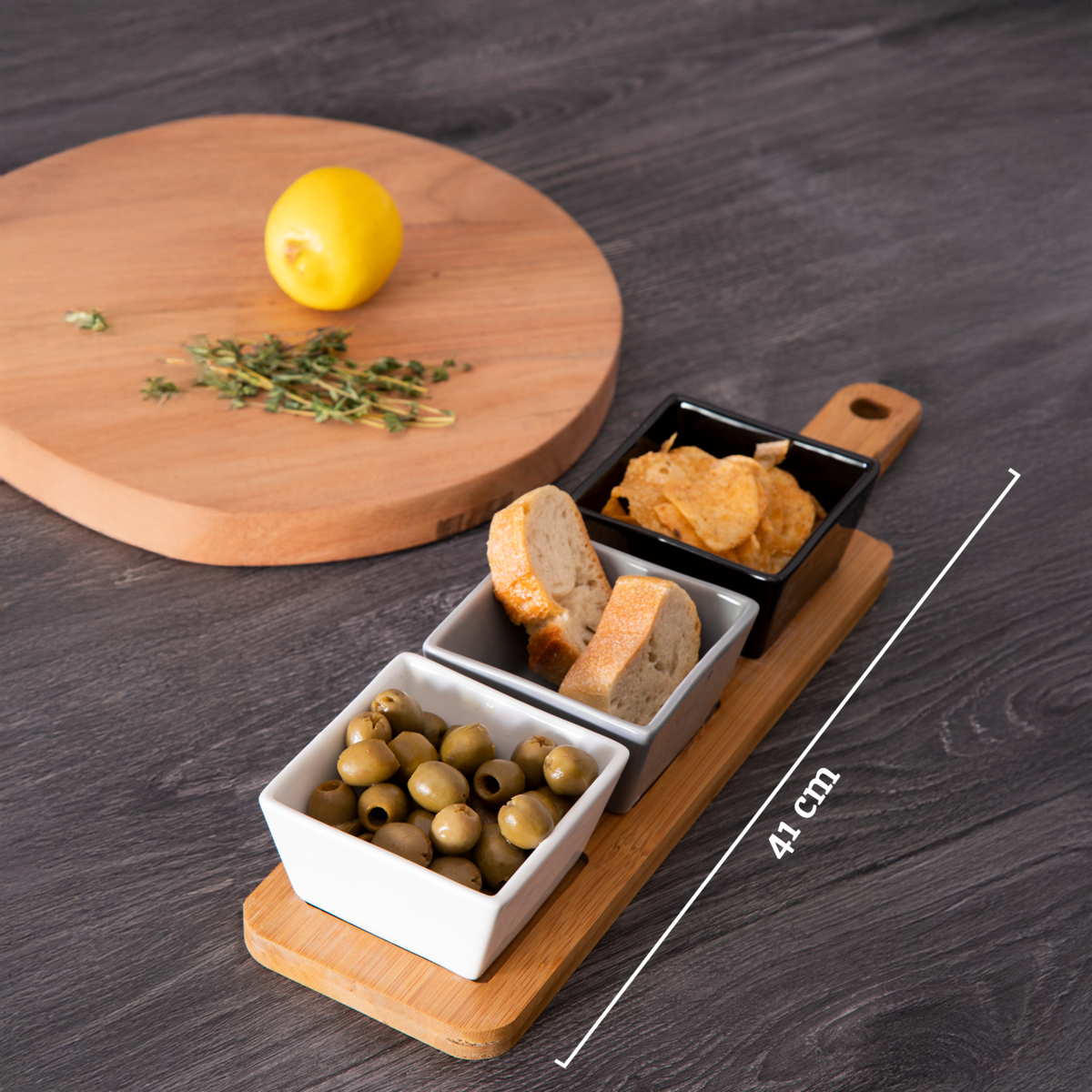 Orsina Bamboo Serving Board with 3 Square Porcelain Dishes - Light Brown